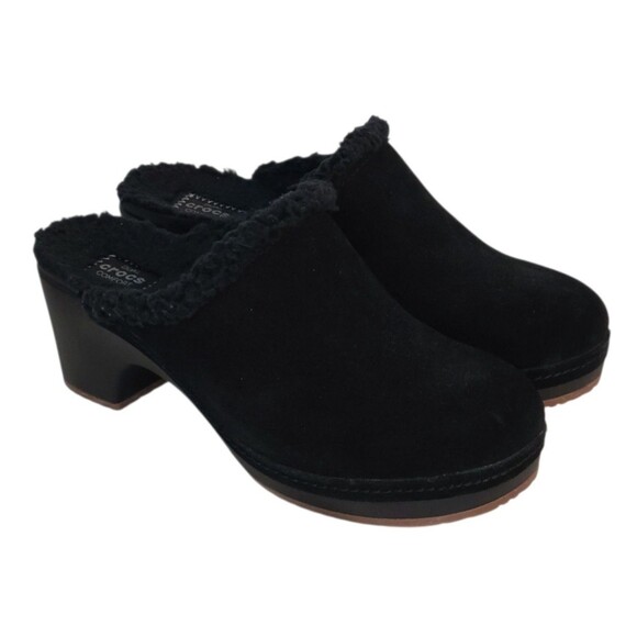 Crocs Sarah 203414 Women 7 Black Suede Faux Fur Slip On Mule Clog Heel Boho Warm - Picture 1 of 13